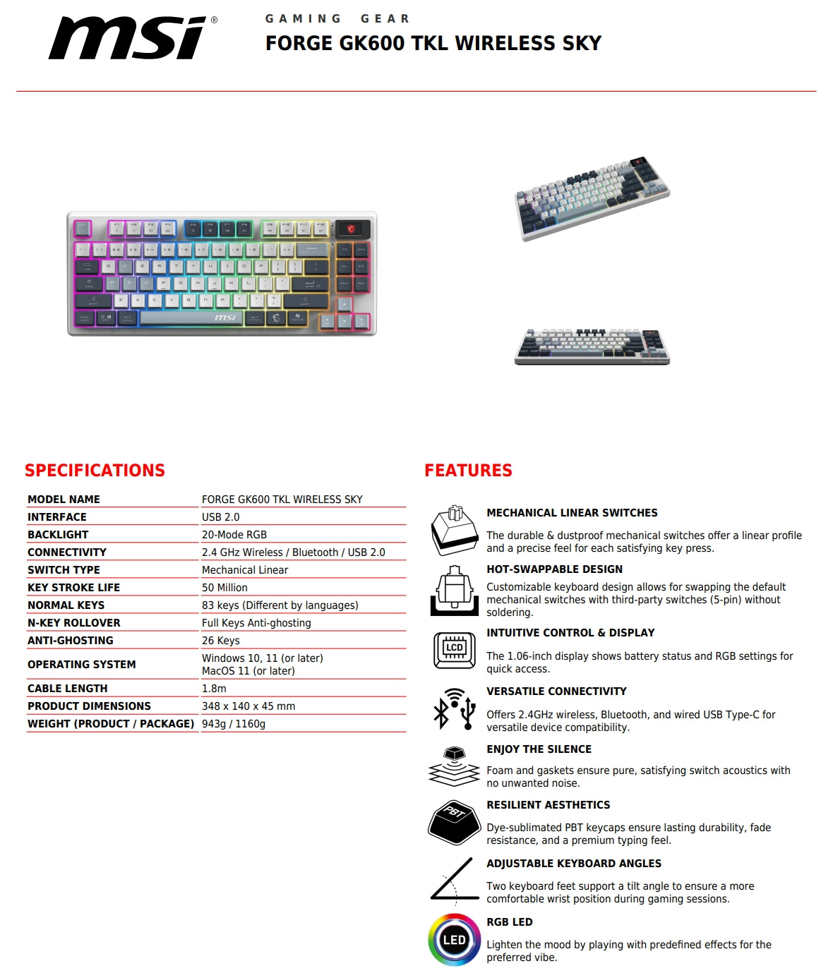 MSI FORGE GK600 TKL WIRELESS SKY