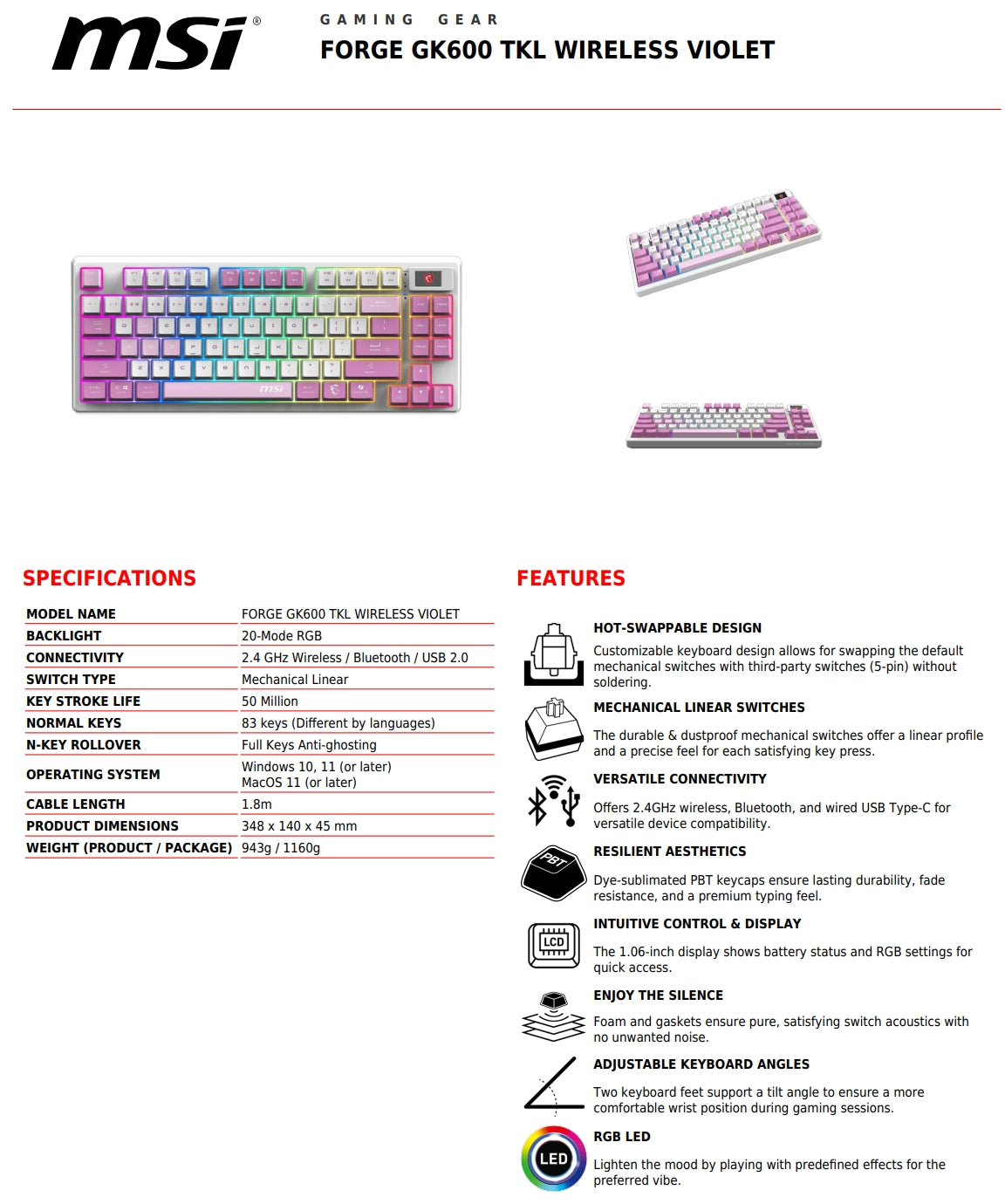 MSI FORGE GK600 TKL WIRELESS VIOLET